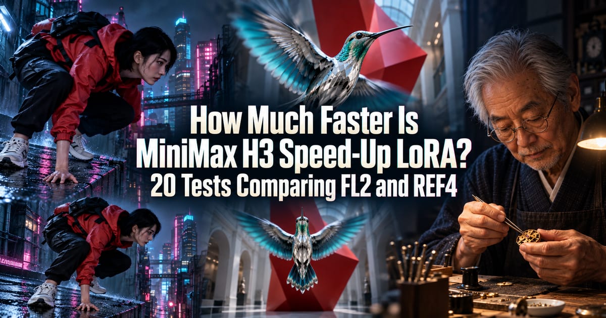 MiniMax H3 mit Beschleunigungs-LoRA: Wie viel schneller wird es wirklich? Vergleich von 20 Videos mit FL2 und REF4
